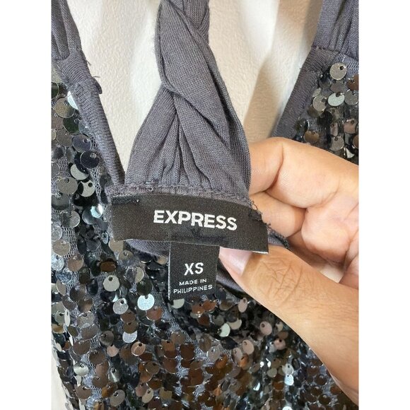 Express Women’s Gray Sequin Tank Top Size XS Party Cocktail Racerback Sabrina - Picture 2 of 7